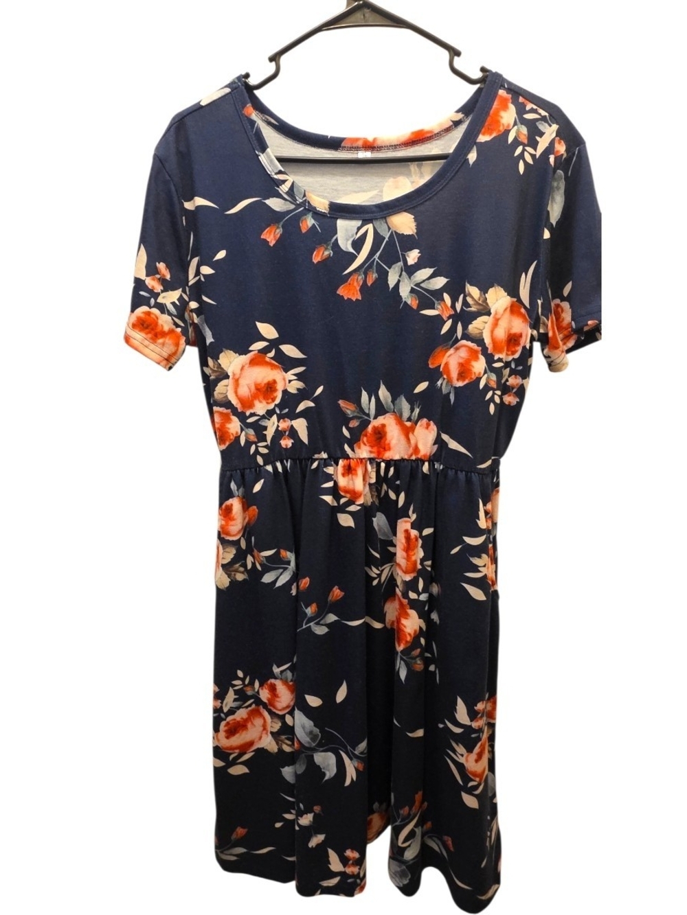 Navy Floral Short Sleeve Scoop Neck Dress